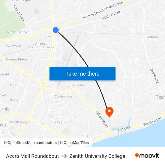 Accra Mall Roundabout to Zenith University College map