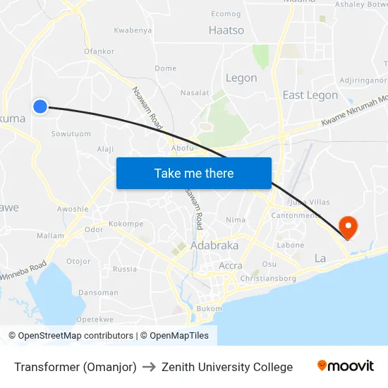 Transformer (Omanjor) to Zenith University College map