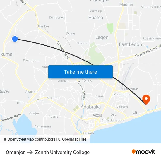 Omanjor to Zenith University College map