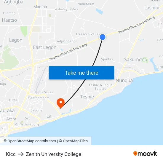 Kicc to Zenith University College map