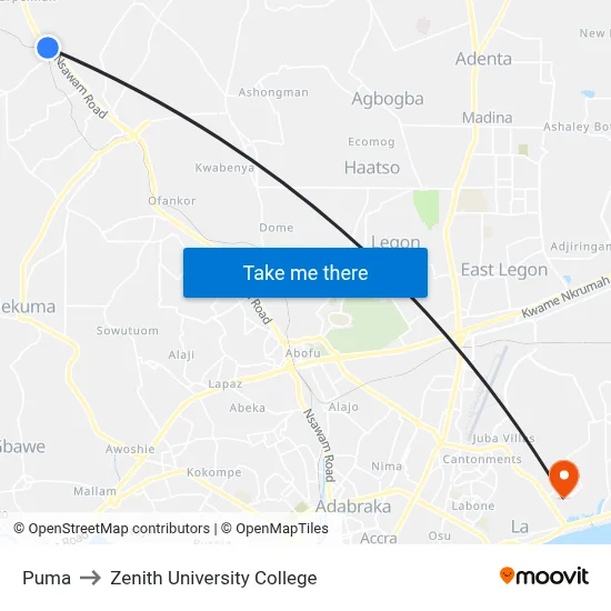 Puma to Zenith University College map
