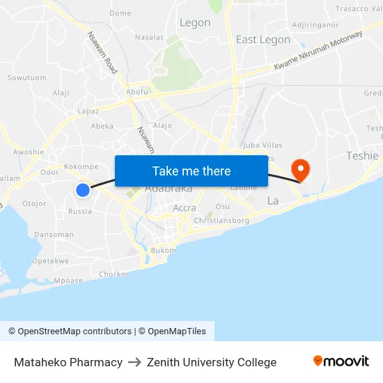 Mataheko Pharmacy to Zenith University College map