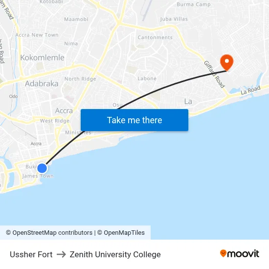 Ussher Fort to Zenith University College map