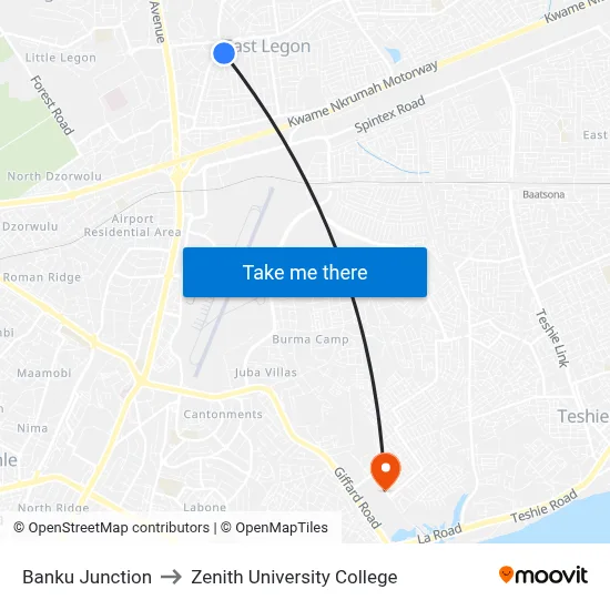 Banku Junction to Zenith University College map