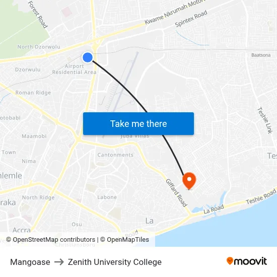 Mangoase to Zenith University College map