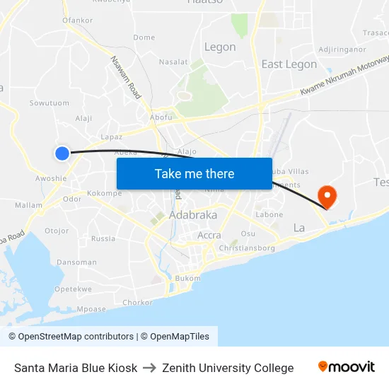 Santa Maria Blue Kiosk to Zenith University College map