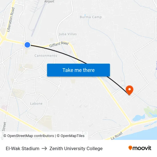 El-Wak Stadium to Zenith University College map
