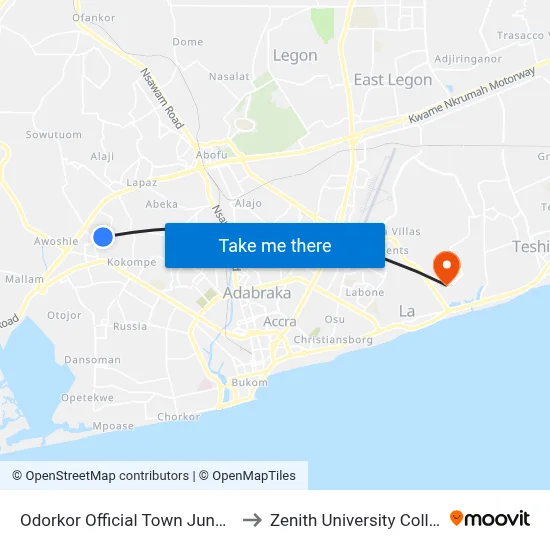 Odorkor Official Town Junction to Zenith University College map