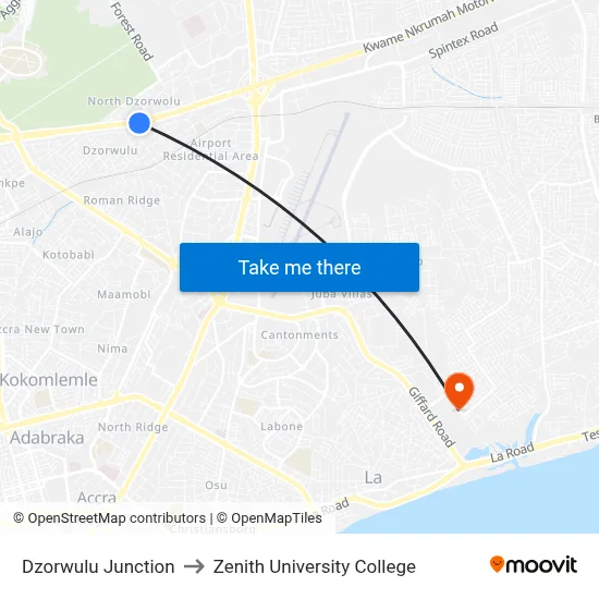 Dzorwulu Junction to Zenith University College map