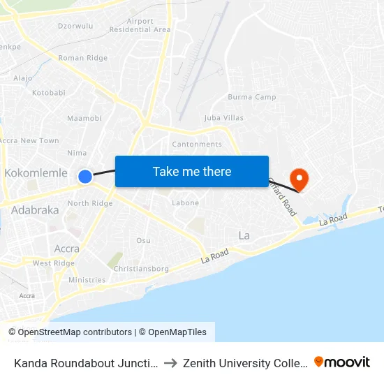 Kanda Roundabout Junction to Zenith University College map