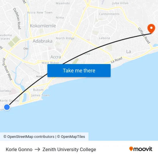 Korle Gonno to Zenith University College map