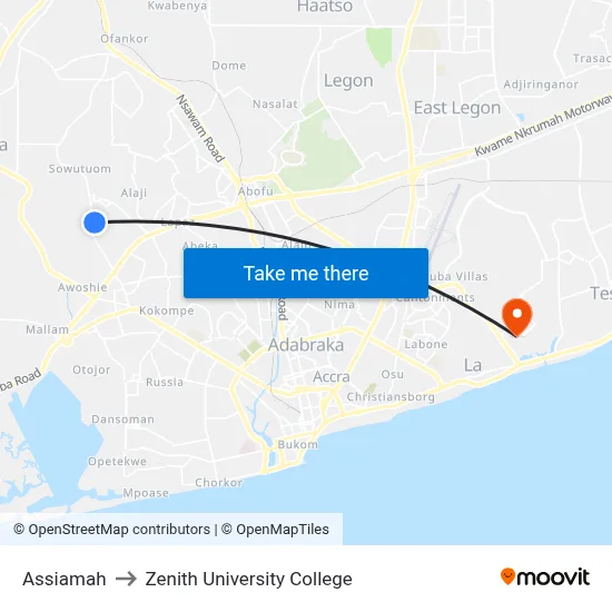 Assiamah to Zenith University College map