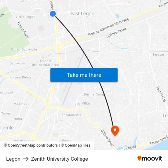 Legon to Zenith University College map