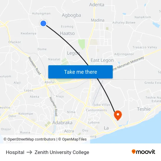 Hospital to Zenith University College map
