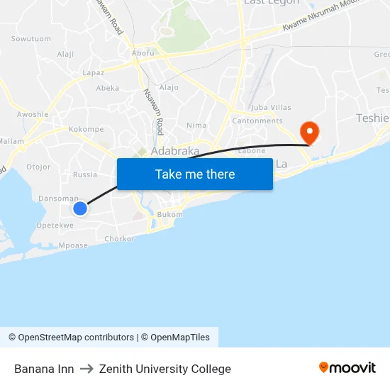 Banana Inn to Zenith University College map
