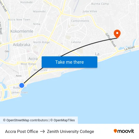 Accra Post Office to Zenith University College map