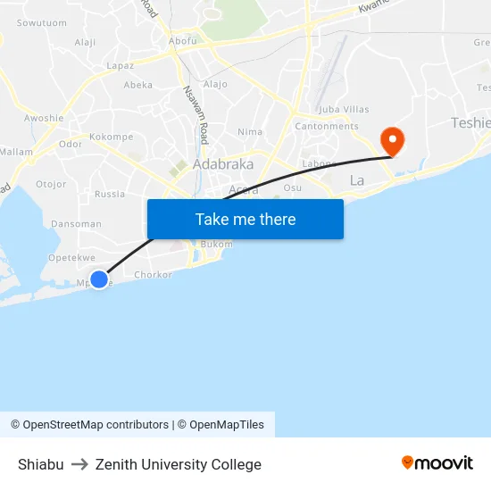 Shiabu to Zenith University College map