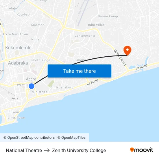 National Theatre to Zenith University College map