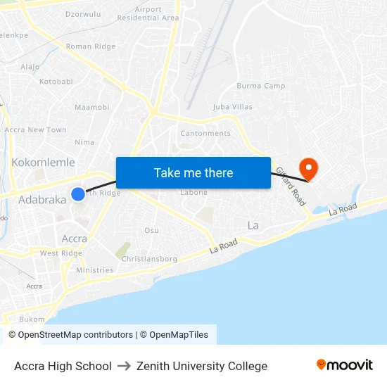 Accra High School to Zenith University College map
