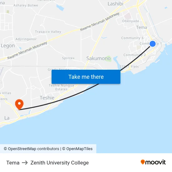 Tema to Zenith University College map