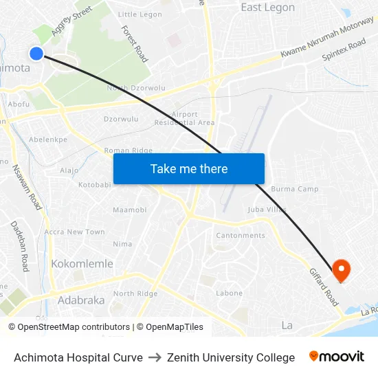 Achimota Hospital Curve to Zenith University College map