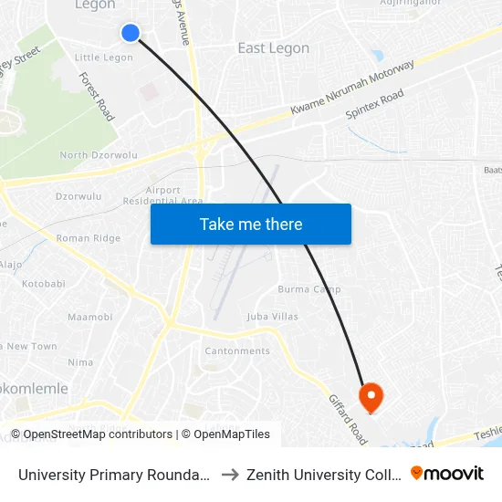 University Primary Roundabout to Zenith University College map