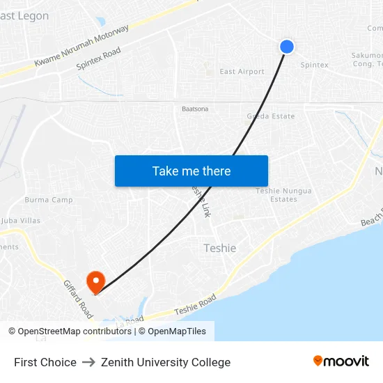 First Choice to Zenith University College map