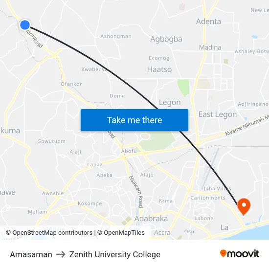 Amasaman to Zenith University College map