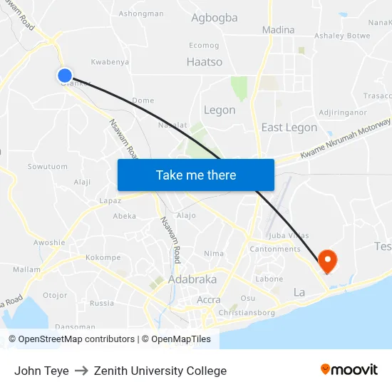 John Teye to Zenith University College map