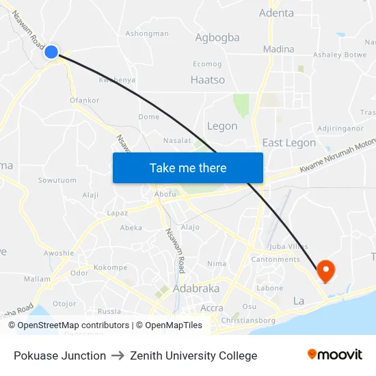Pokuase Junction to Zenith University College map
