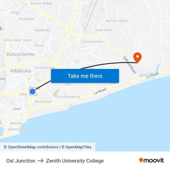 Oxl Junction to Zenith University College map