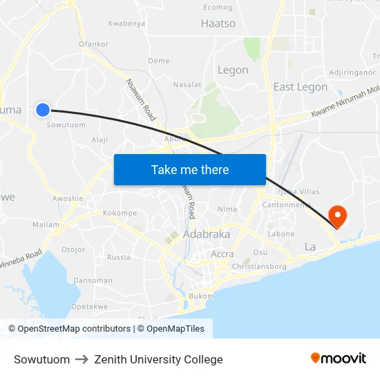 Sowutuom to Zenith University College map