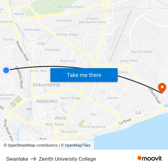 Swanlake to Zenith University College map