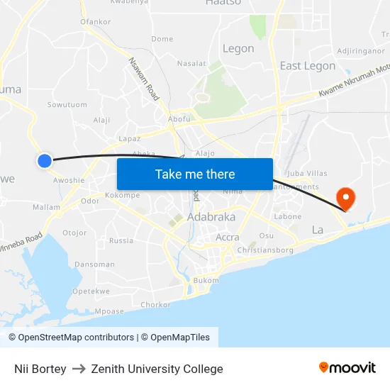 Nii Bortey to Zenith University College map