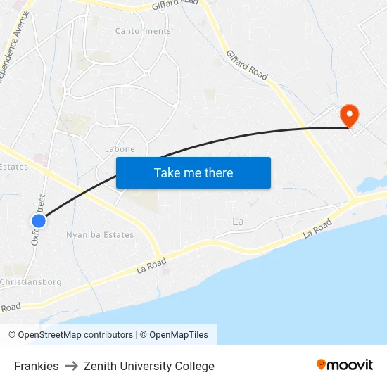 Frankies to Zenith University College map