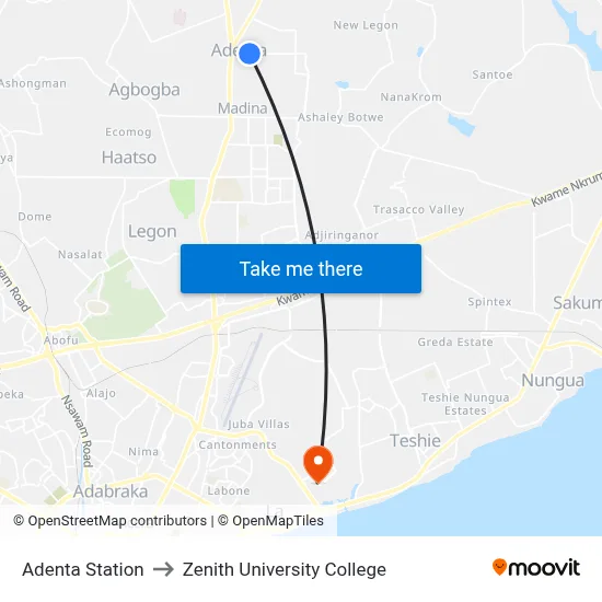 Adenta Station to Zenith University College map