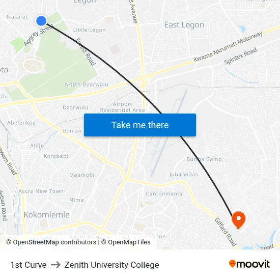 1st Curve to Zenith University College map
