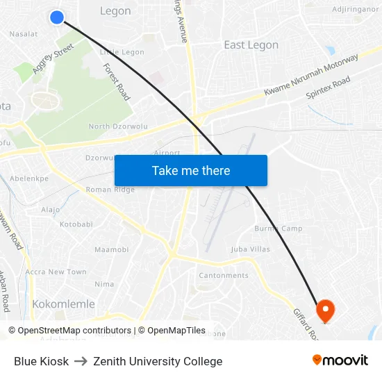 Blue Kiosk to Zenith University College map