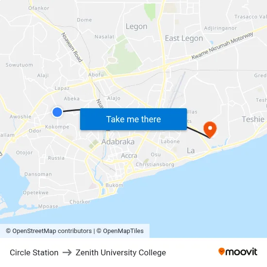 Circle Station to Zenith University College map