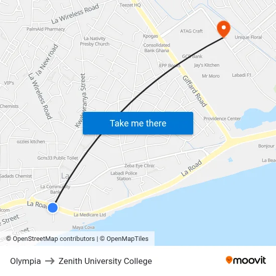 Olympia to Zenith University College map