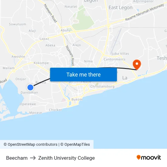 Beecham to Zenith University College map