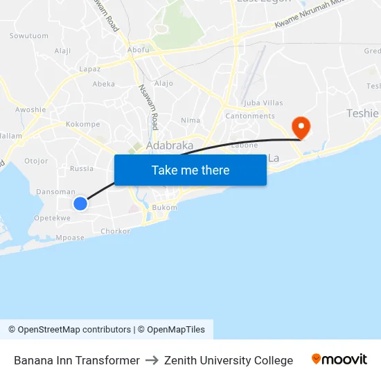 Banana Inn Transformer to Zenith University College map
