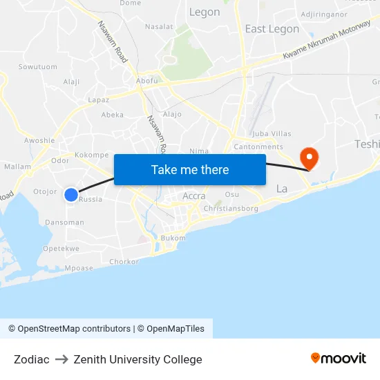 Zodiac to Zenith University College map