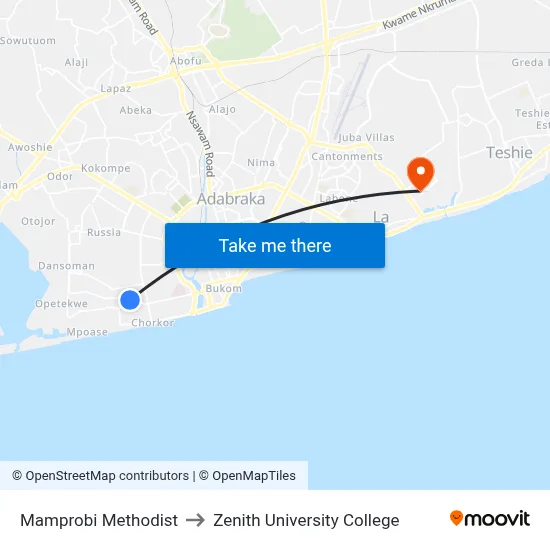 Mamprobi Methodist to Zenith University College map