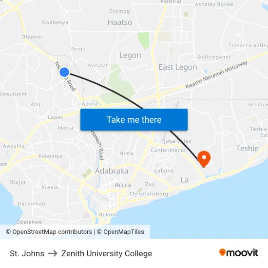 St. Johns to Zenith University College map