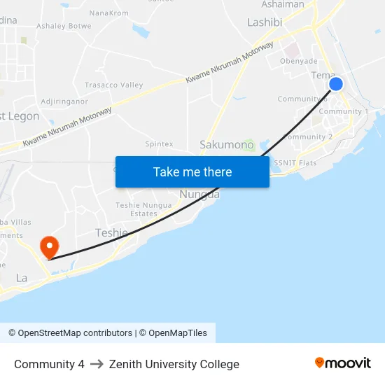 Community 4 to Zenith University College map