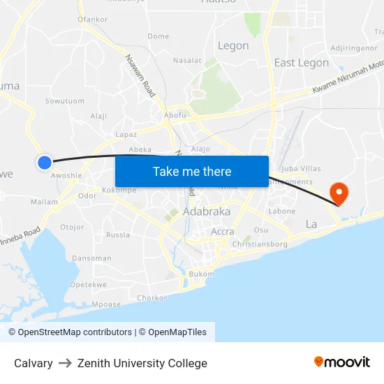 Calvary to Zenith University College map
