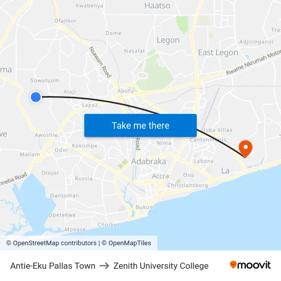 Antie-Eku Pallas Town to Zenith University College map