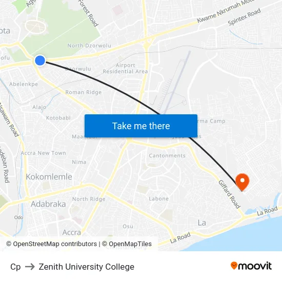Cp to Zenith University College map