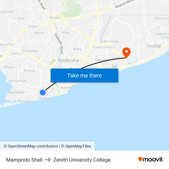 Mamprobi Shell to Zenith University College map